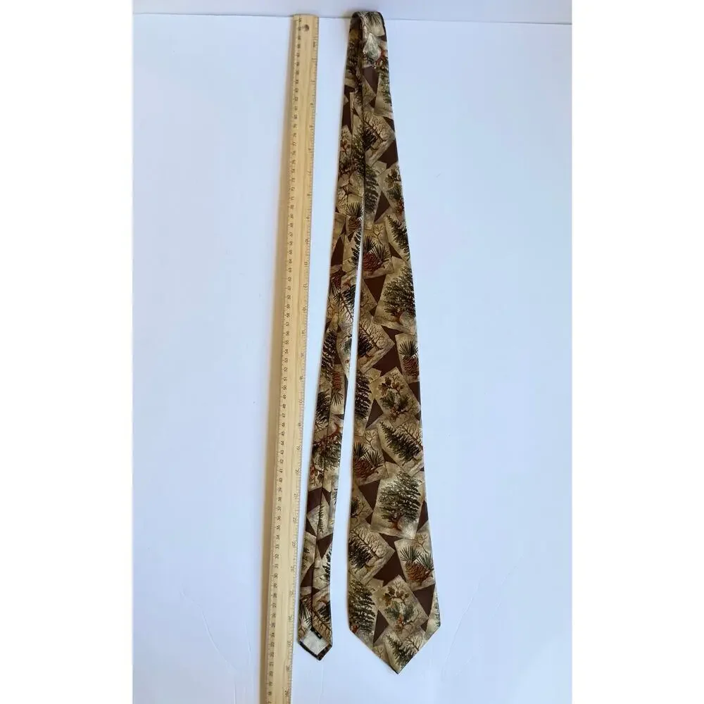 Oscar De La Renta‎ Mens Silk Necktie Wood Cream Brown Tie Trees Nature Forestry